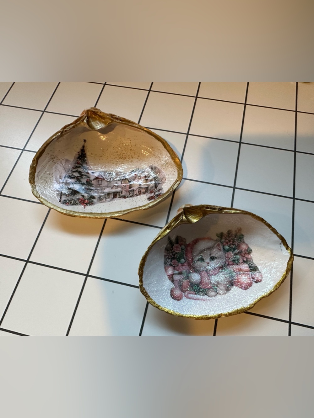 Hand Crafted White and Gold Holiday Shell Dishes with Festive Scenes